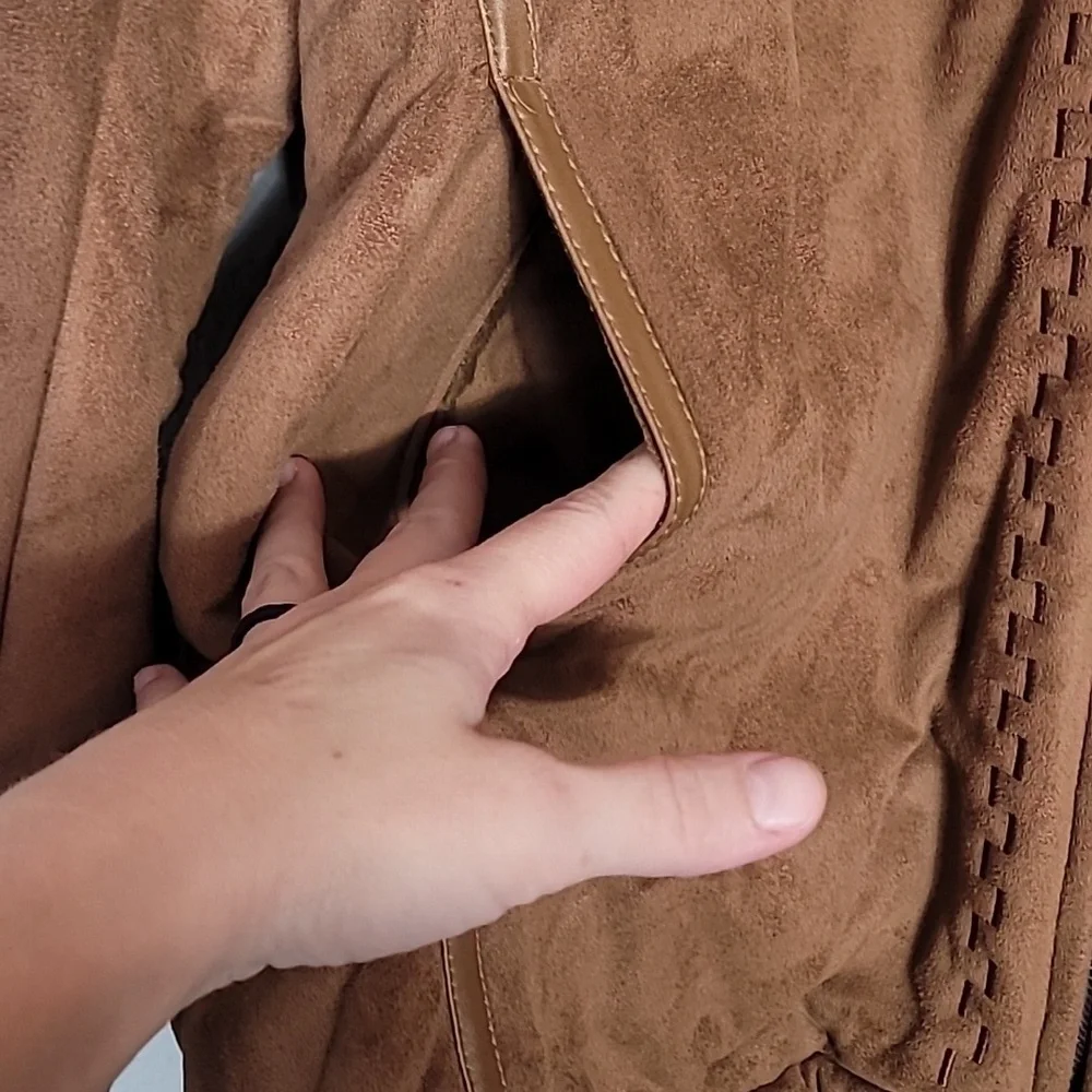 Y2K Cato Women Faux Fur Penny Lane Coat Size 18/22 L/XL Hood Brown Zip Suede 90s